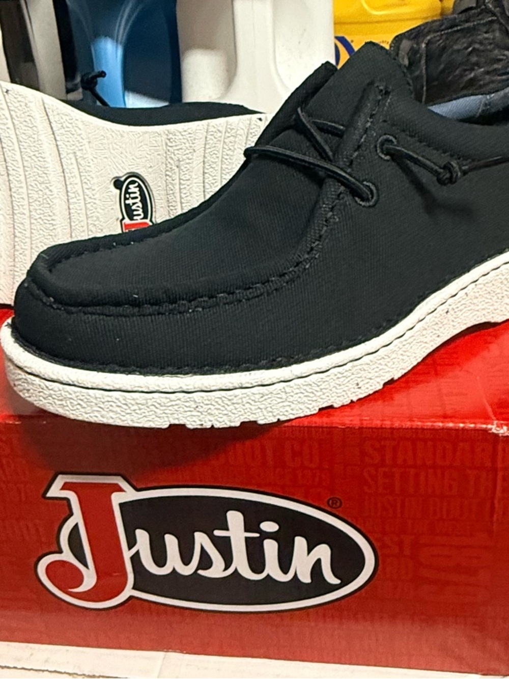 Justin Boots Black Canvas Slip-On Loafers with White Sole